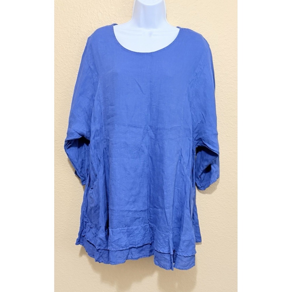 La Fixsun Linen Tiered Ruffle Tunic Top Blue Medium Lagenlook Costal Resort wear